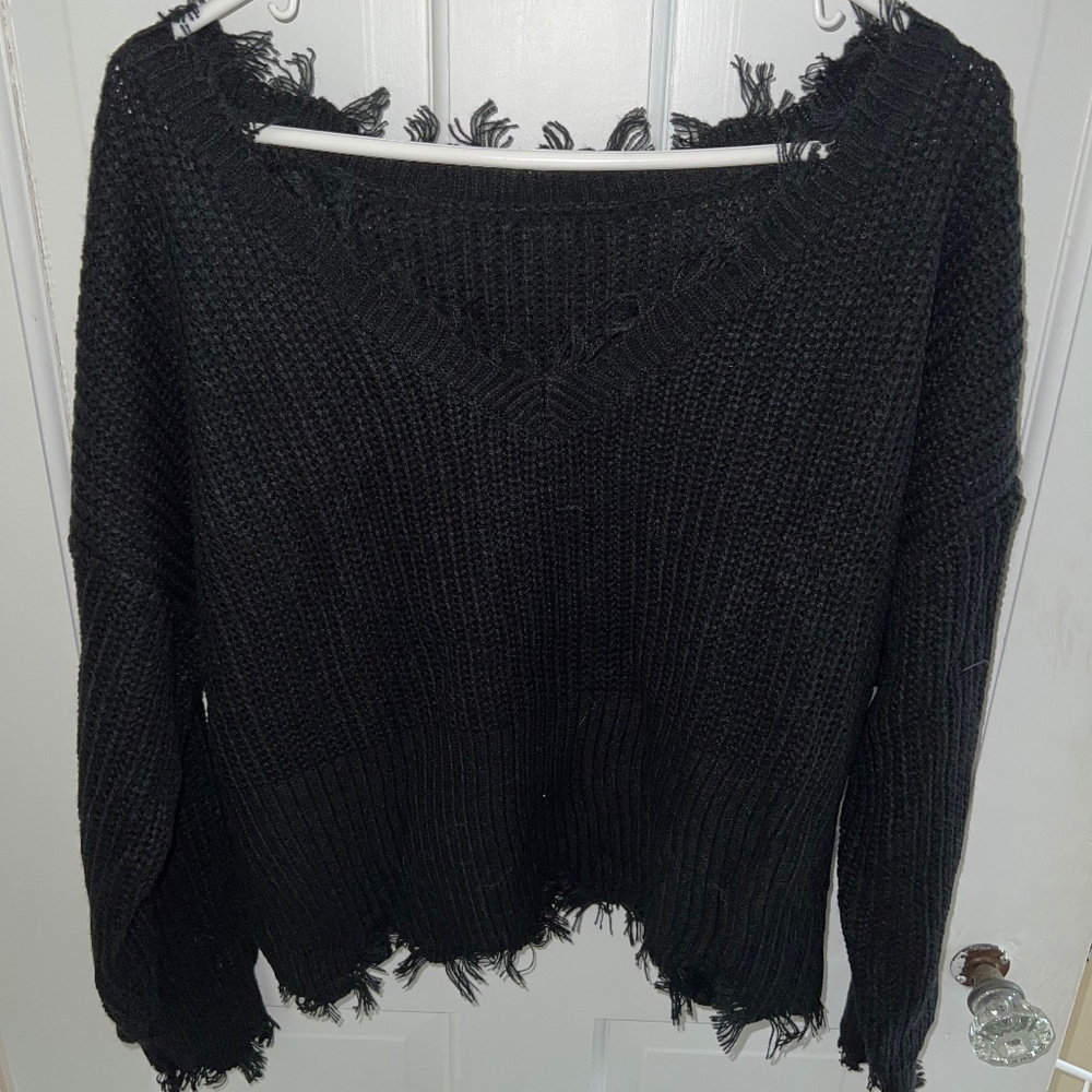 Shein Small V-neck Drop Shoulder Distressed Edge Sweater